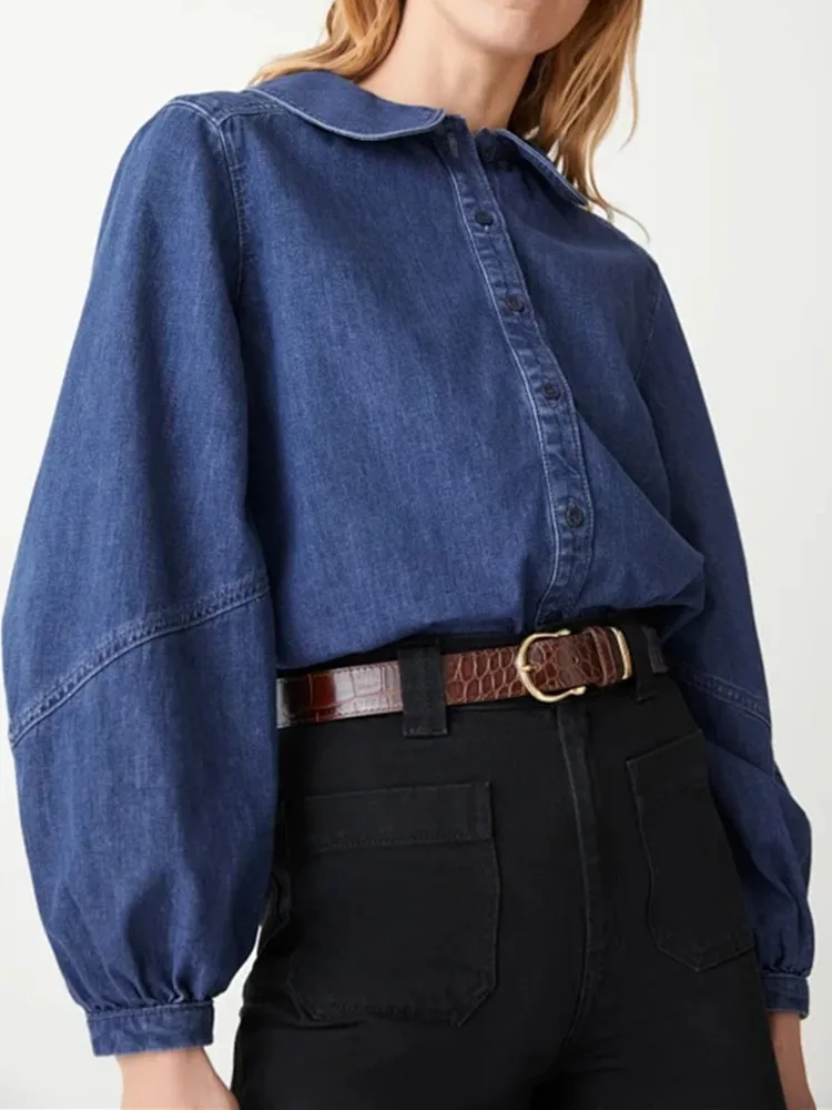 

Women Single Breasted Denim Shirts Simple Peter pan Collar Top Long Sleeve 2022 Spring Loose Casual Blouses