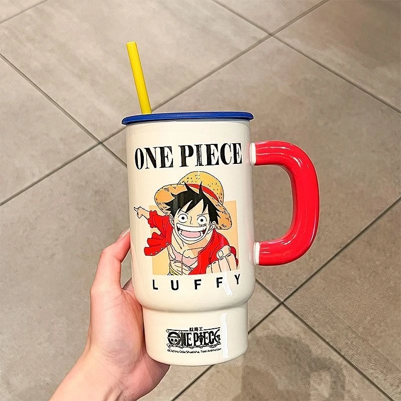 Фото Новая керамическая кружка One Piece с Луффи и Ророноа Зоро, с ярким мультяшным принтом, большой емкости, портативная, для пар, кофейная кружка, подарок №4