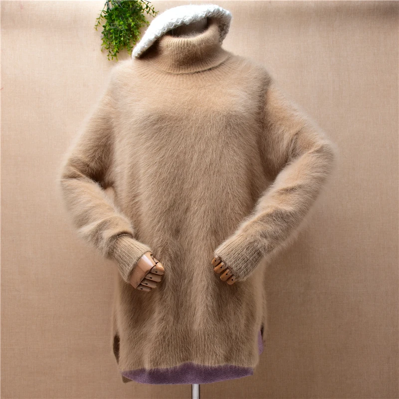 

ladies women fashion hairy plush mink cashmere knitted turtleneck split loose pullover angora rabbit fur jumper sweater pull top