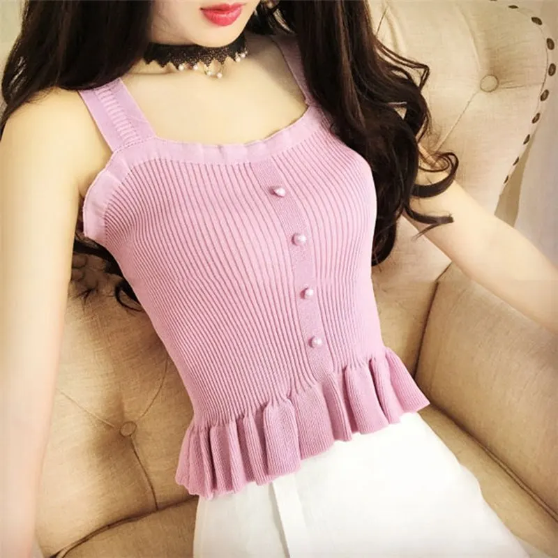 

2022 Women Summer Sweety Solid Color Knitted Camisole Top Female Square Collar Sleeveless Sweater Vest Suspender Bottoming Shirt