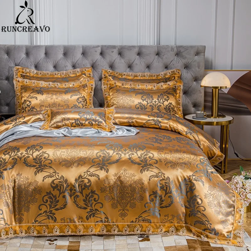 

New Wedding Duvet Cover Set Golden Jacquard Bedding Set Lace Pillowcase 3pcs European Luxury Golden Queen King Size 220x240