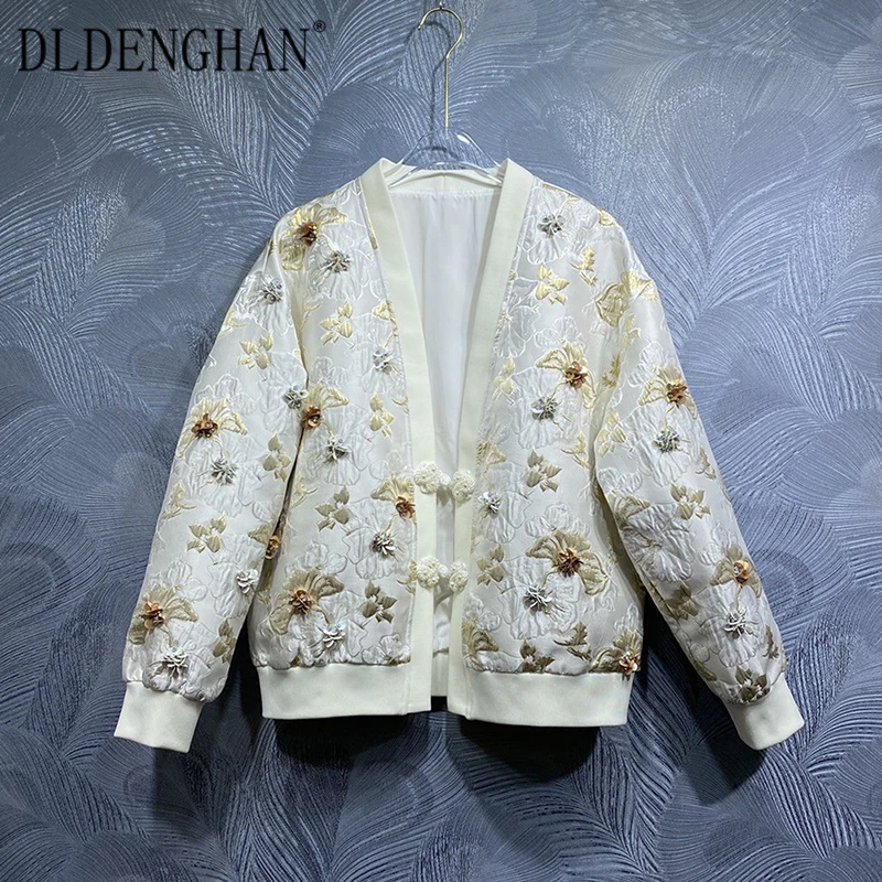 DLDENGHAN Осенняя жаккардовая куртка с блестками женская повседневная v-образным