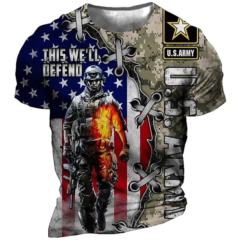 

Camiseta con estampado 3D para hombre, cuello redondo, suelta, manga corta, camuflaje, soldado americano, camiseta informal, 6XL