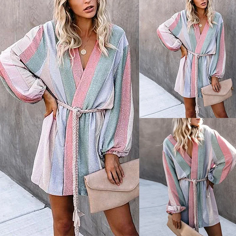 

Женская модная свободная ветровка в полоску с поясом и принтом