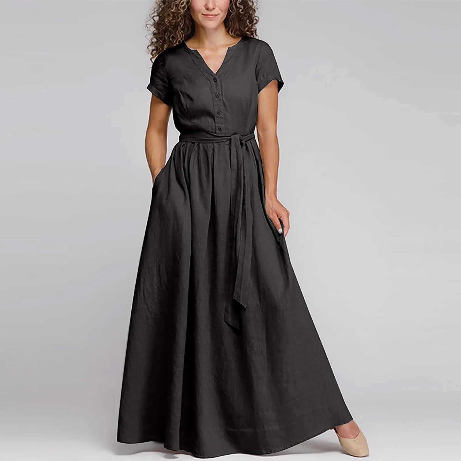 

Women Dress Single Breasted Short Sleeved Mid Length Dresses V Neck Loose Solid Oversized High Waist Button Pocket Elegant Dress
