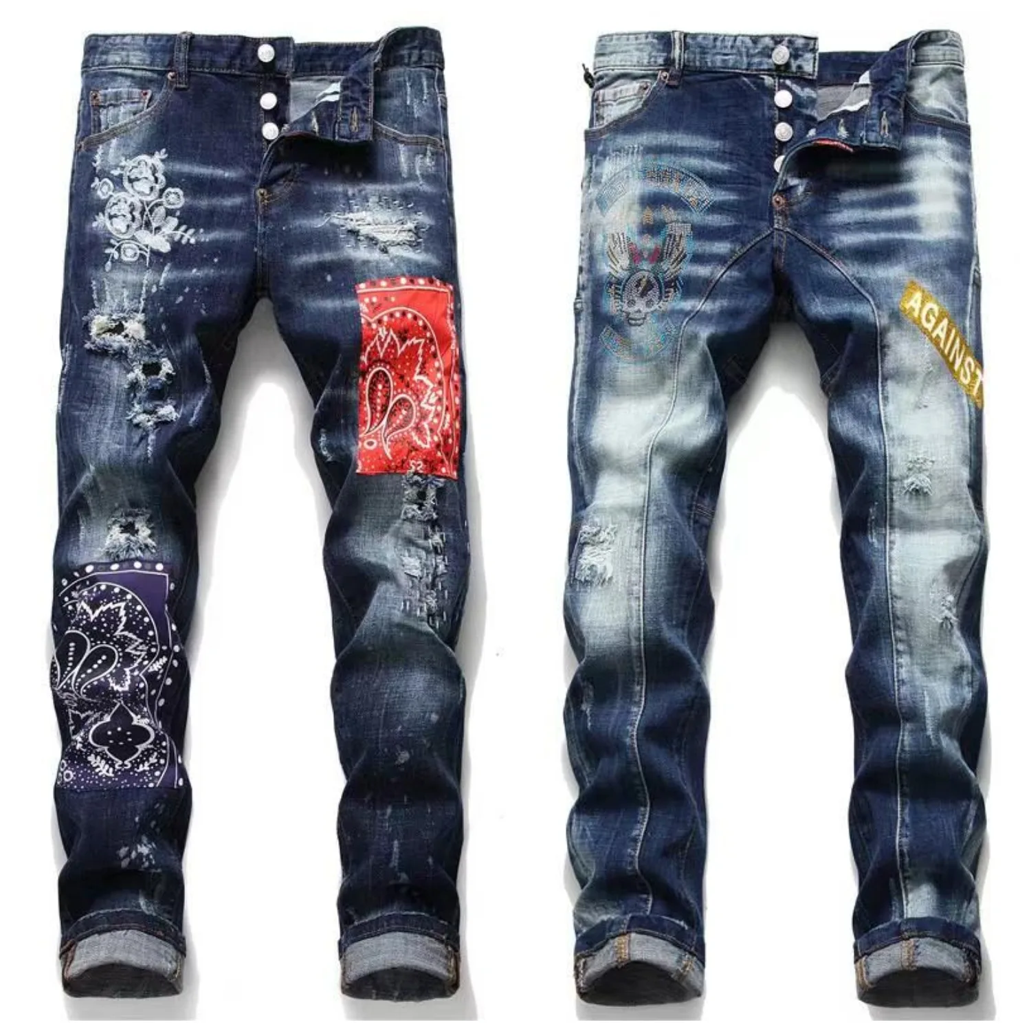 

2022 New Fashion Brand Dsquared2 Men's Washed, Worn, Ripped, Paint Spot Motorcycle Jeans X1055