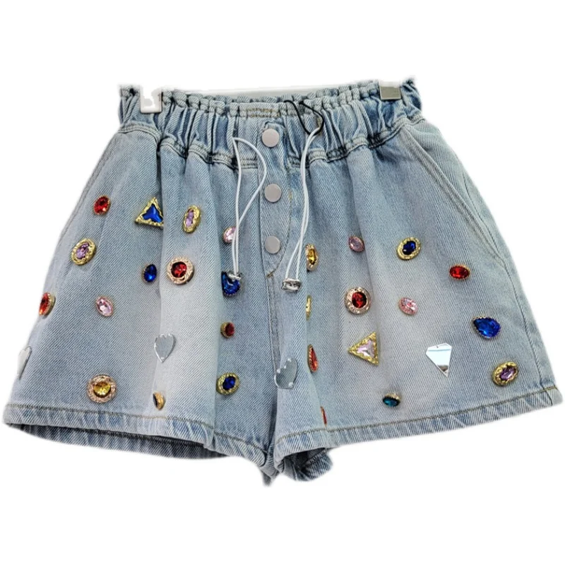 2023 Summer New Color Diamond Elastic High Waist Shorts Loose and Slimming Denim Shorts for Women Loose Casual Wide Leg Shorts