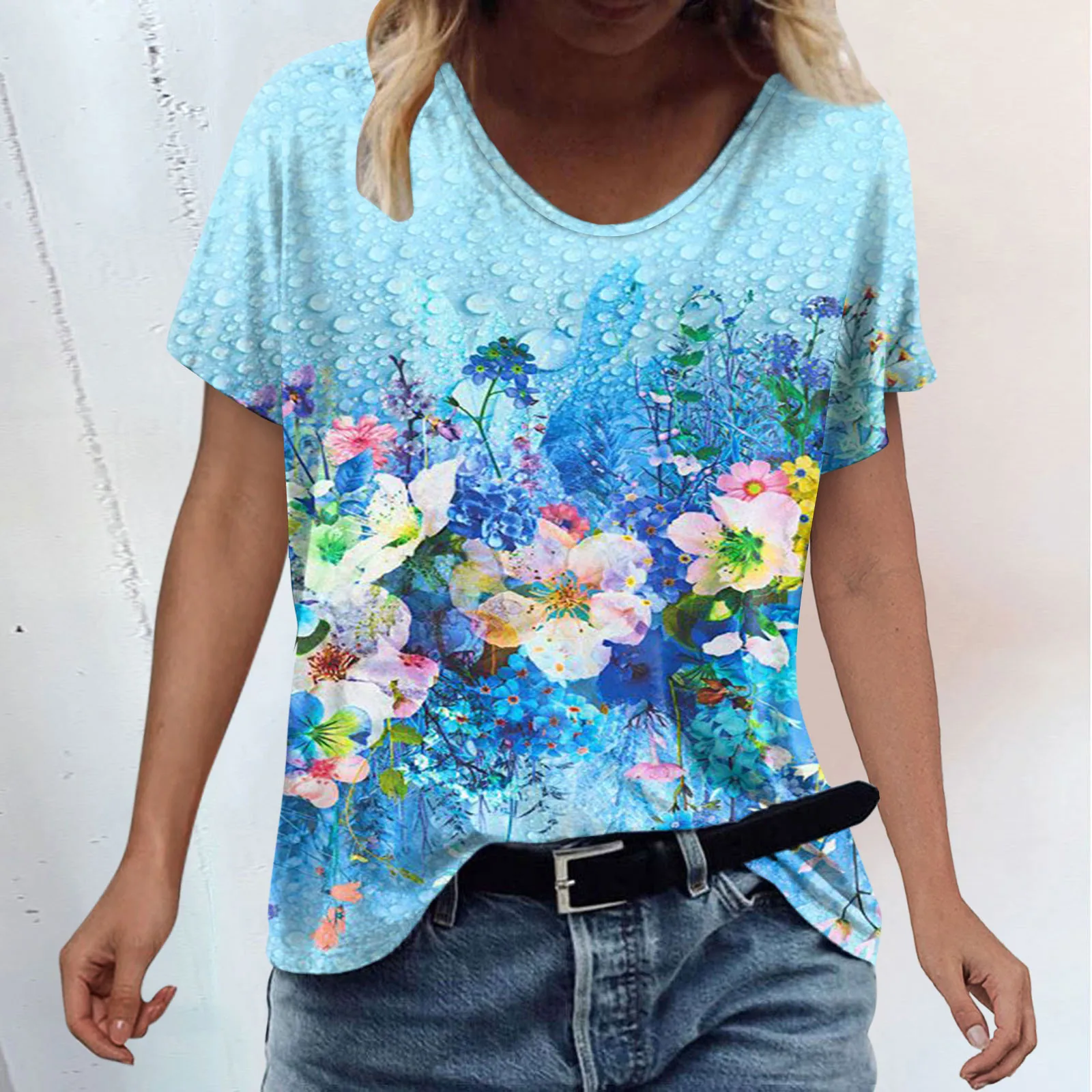 

Plus Size Scenic Flowers Printing Round Neck Summer T-Shirt Tops Fashion Casual Tee Top Ladies 3D Floral Print Women T Shirt