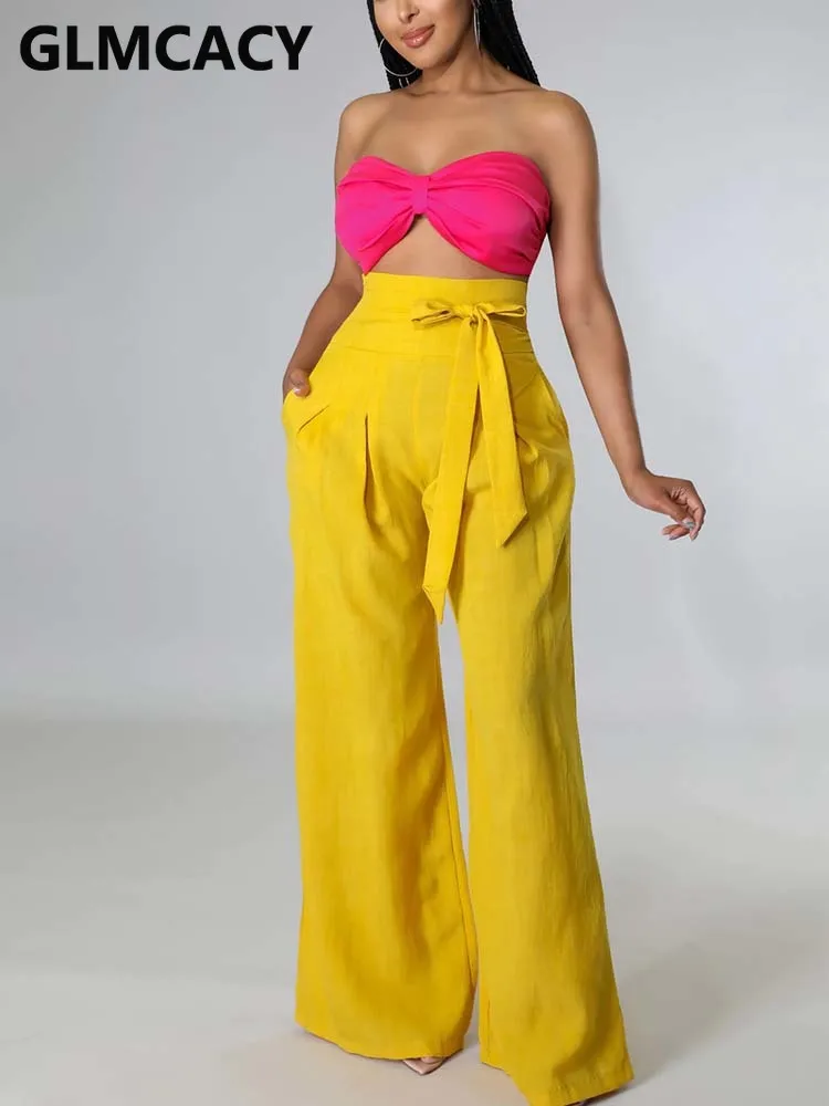 

Women High Waist Belt Wide Leg Casual Pants