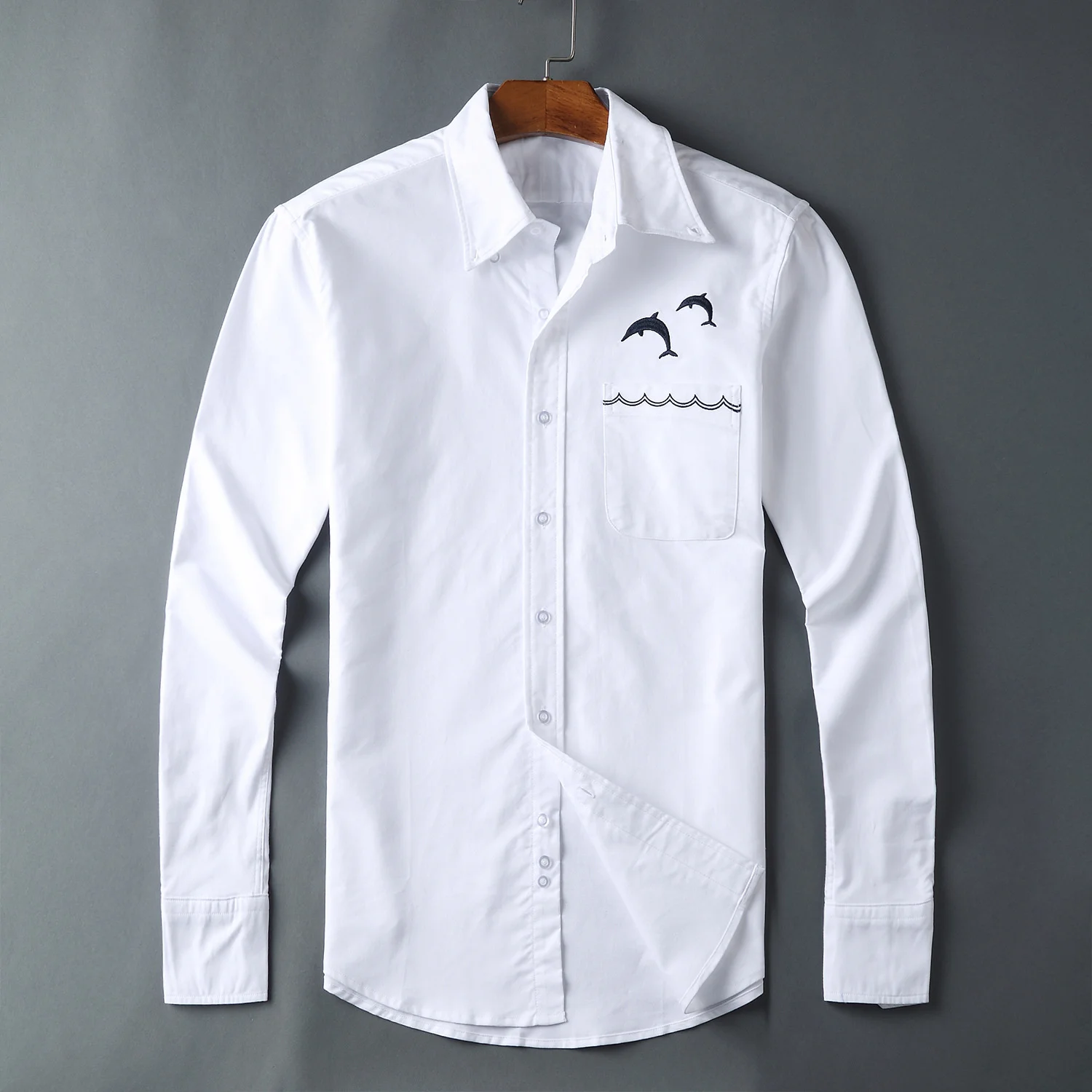 

Oxford New 22 Men Classic embroidery dolphin Fashion Cotton Casual Shirts Shirt high quality Pocket long-sleeves Top M 2XL #M50