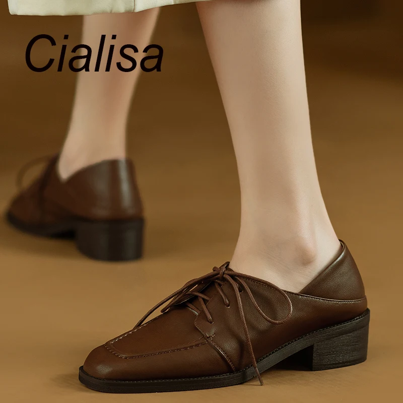 Cialisa Vintage Shoes For Women 2022 Autumn Newest Genuine Leather Square Toe Lady Comfortable Mid Heel Brown 40 Causal Footwear