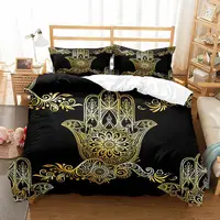 Black Gold Hamsa Hand Duvet Cover Set King/Queen Size Golden Lucky Hand of Fatima Bohemian Adults 2/3pcs Polyester Quilt Cover