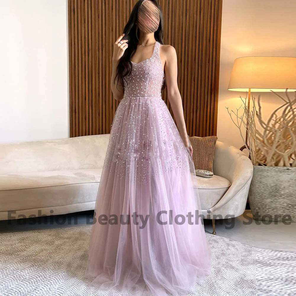 

Fashion Tulle Prom Dress Beaded Crystal Draped Sleeveless Saudi Arabian Women's Back Zipper Brush Train Vestidos Para Mujer Gala