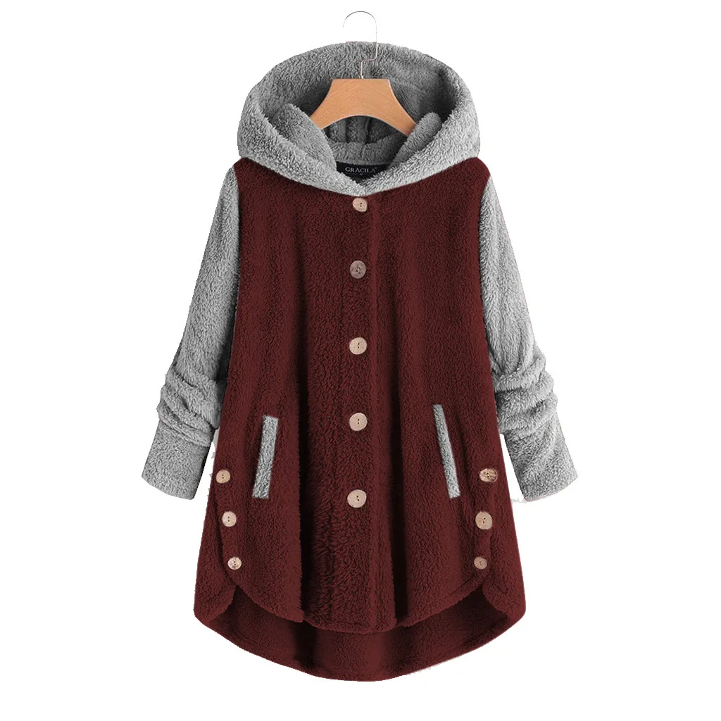 Autumn Winter Coats For Women 2023 Fashion Casual Button Irregular Warm Fleece Thin Coat With Hooded Female Clothing S-5Xl