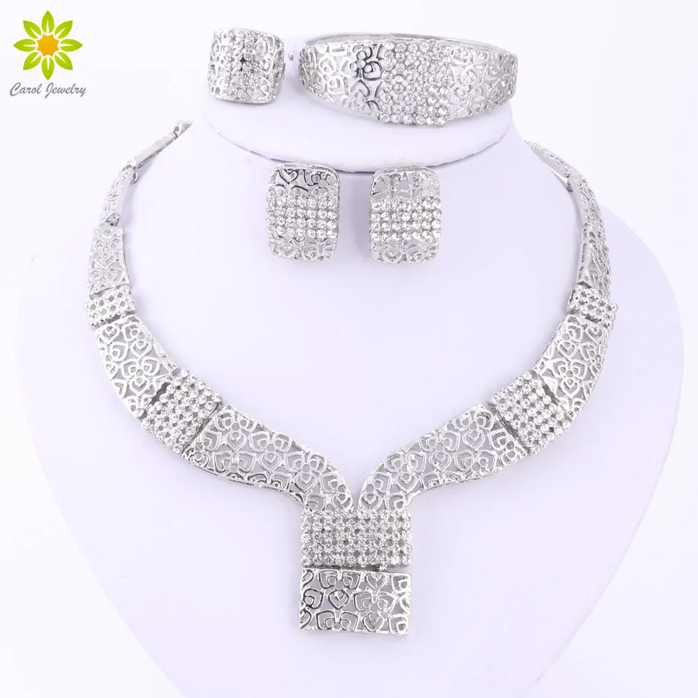 

Fine African Beads Jewelry Sets For Women Crystal Statement Choker Necklace Earrings Bracelet Ring Set Silver Plated Accessories
