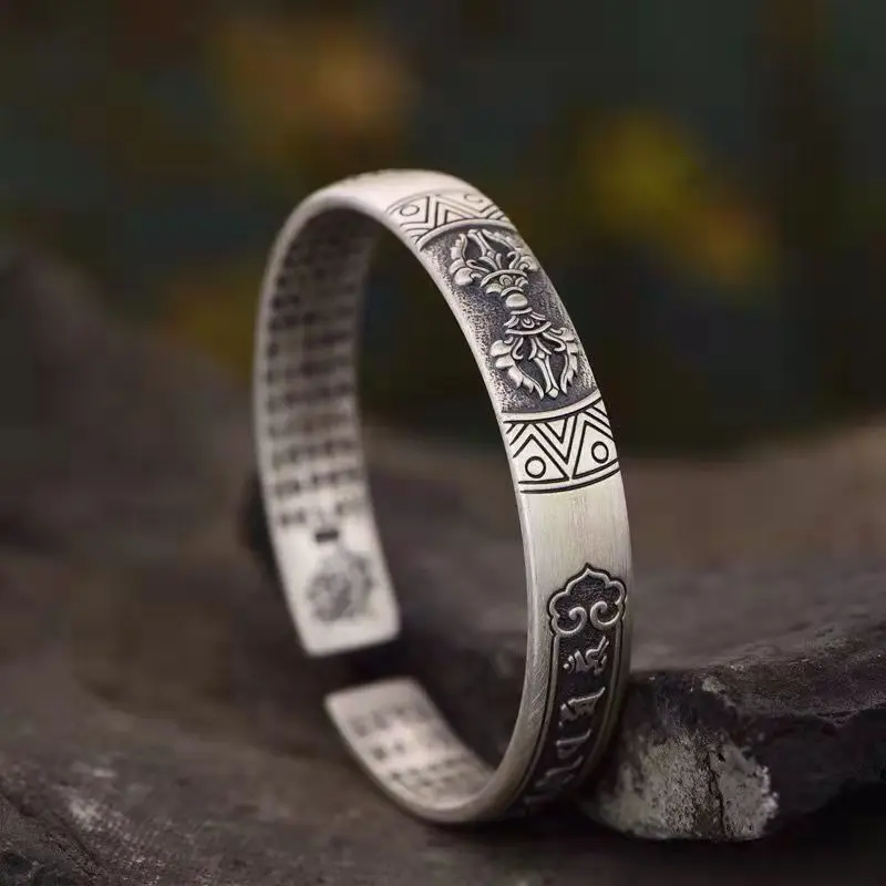 

New Bracelet Falling Magic Pestle Vajra Vintage Six-character Mantra Heart Sutra Lovers Silver Bracelet Men and Women Bracelets