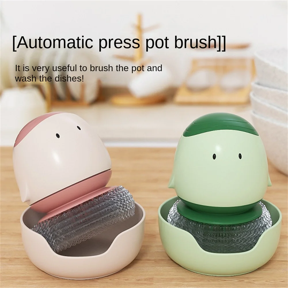 

Cartoon Automatic Liquid Cleaning Brush Multifunctional Dishwashing Brush With Storage Box Steel Wire Ball Household