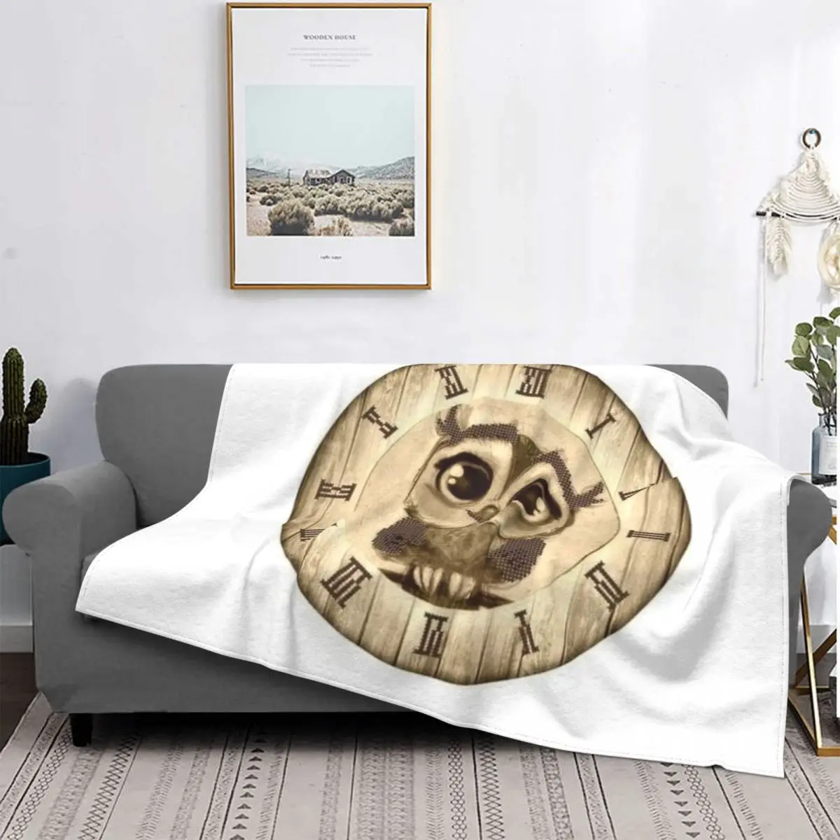 

Owl Clock Anti-Pilling Comfort Outdoor Non-Fading Home Decor Blanket Ambiance Lightweight Thick Warm Blanket Cute Cartoon