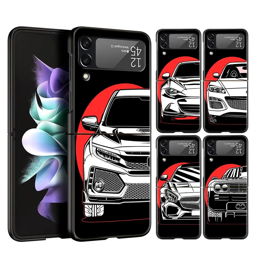 

For Samsung Galaxy Z Flip 3 4 5G Hard Black Folding PC Phone Case JDM Tokyo drift Sports Car Lamp For Samsung Z Flip3 Back Cover