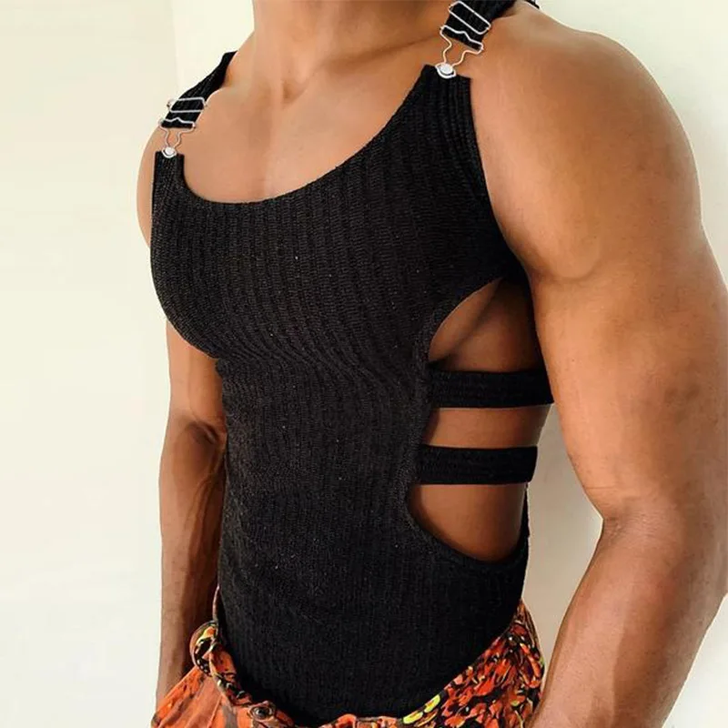 

Gym Tank Top Men Slim Fit Bodybuilding Sports Fitness Ribbed Vest Tops Breathable Hollow Out Clubwear Gay Sissy Nightclub