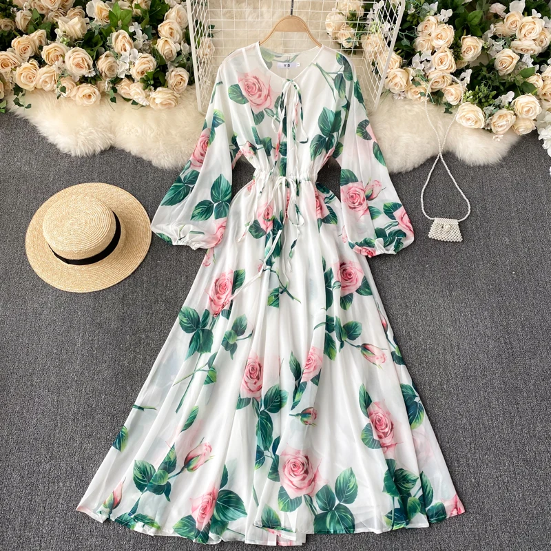 2023 Spring New French Elegant Dress Bubble Long Sleeve Belt Slim Maxi Dresses for Women Clothing Fashion Evening Dress Zm3107