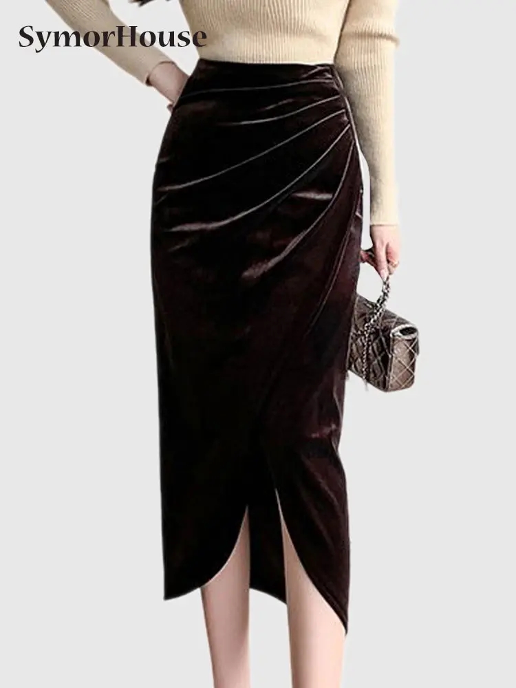

New Hot Sale Fashion Women Velour Skirts Autumn Winter Elegant High Waist Folds Split Wrap Hip Slim A-Line Midi Skirts Female