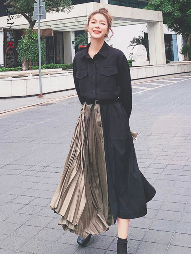 

LANMREM 2022 Spring Dress for Women Lapel Adjusted Waist Patchwork Color Block Long Sleeve Single Breasted Dresses Female 2J1336