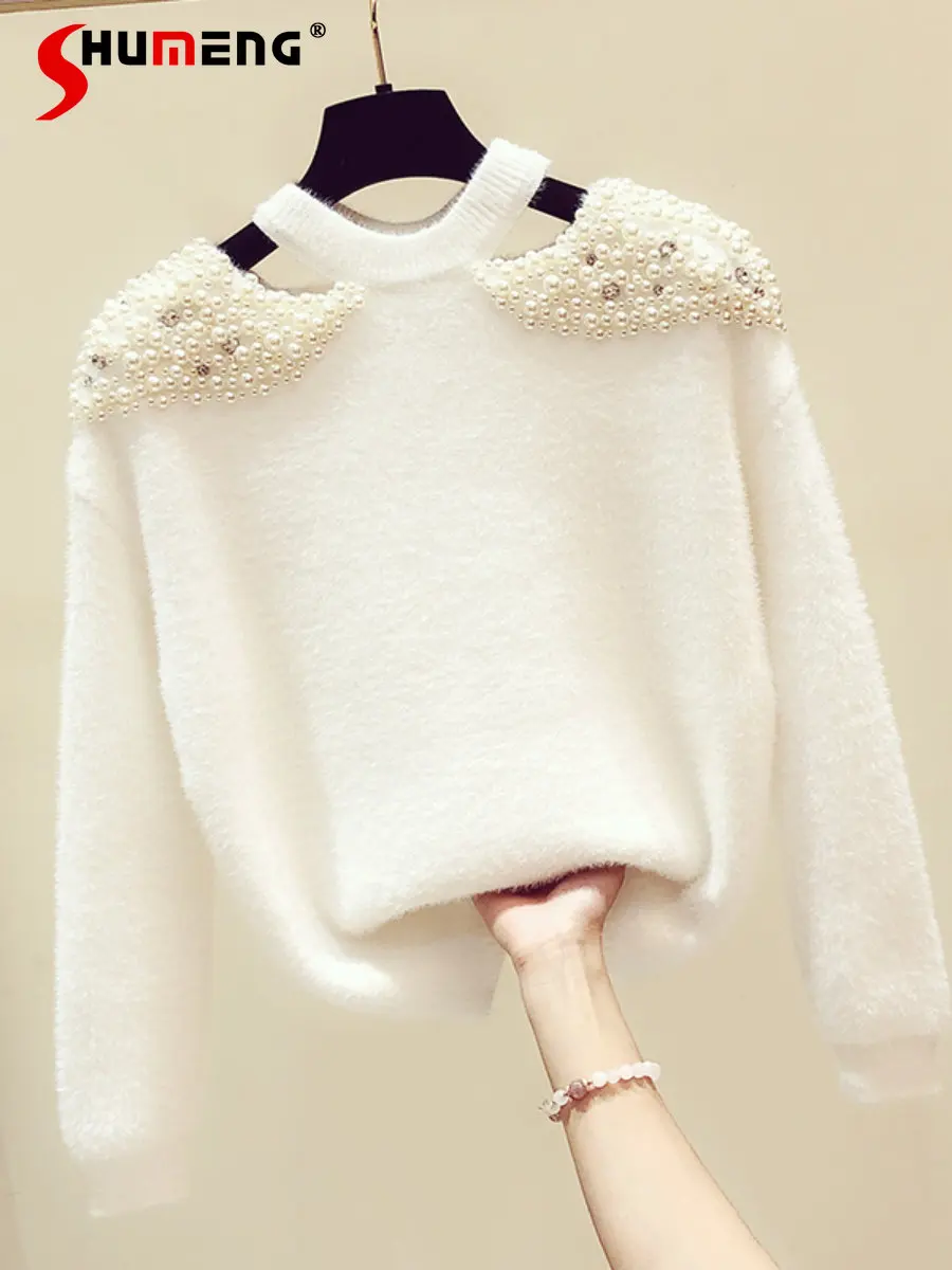 Diamond Hand Beaded Off-Shoulder White Sweater Pullover Women 2023 Spring Autumn New Korean Casual Imitation Mink Sweater Top