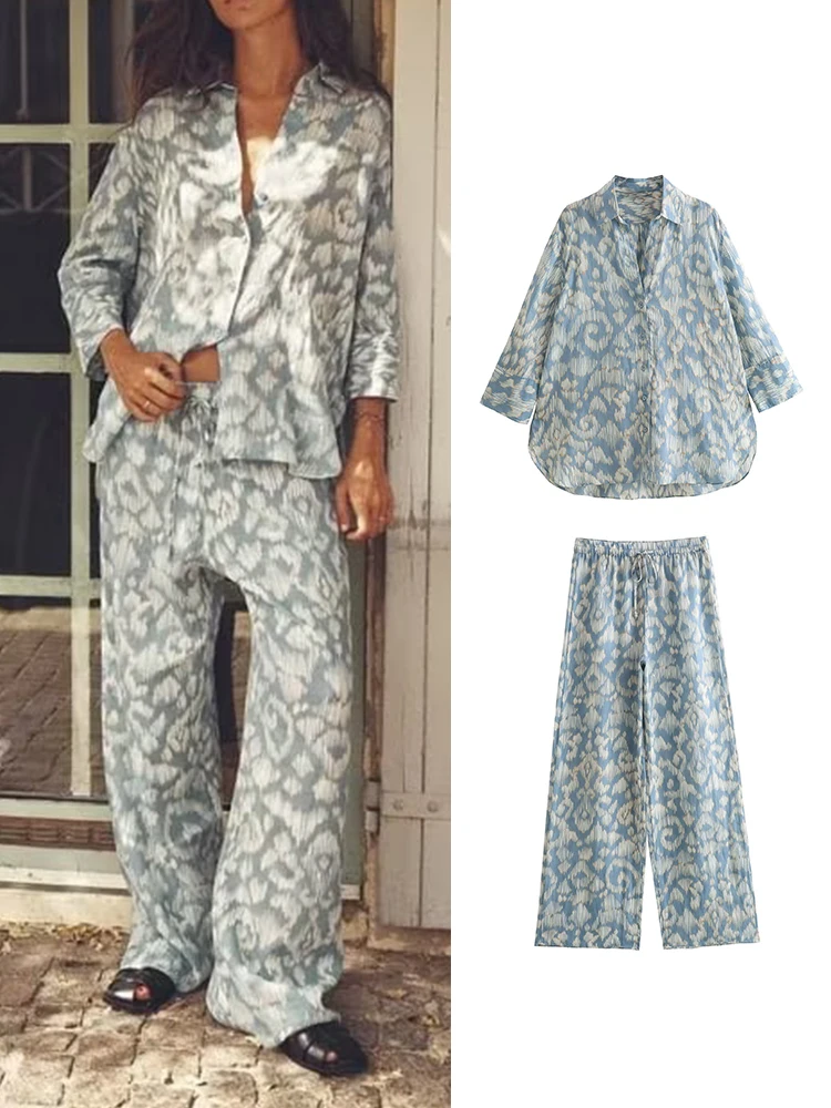 

Woman Two Piece Sets 2023 New Fashion Print Shirts Women's Suit Summer Long Pants Casual 2 Pieces Set Womens Outfits