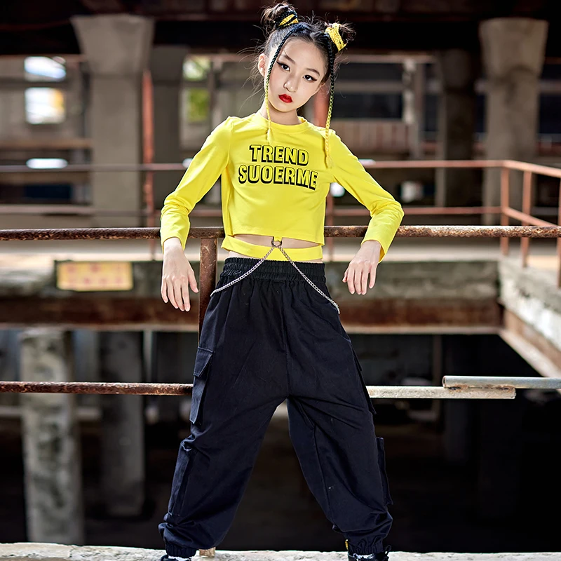 

2022 Ballroom Hip Hop Dance Clothing For Girls Yellow Crop Tops Cargo Pants Suit Jazz Dance Show Performance Costumes DN11709
