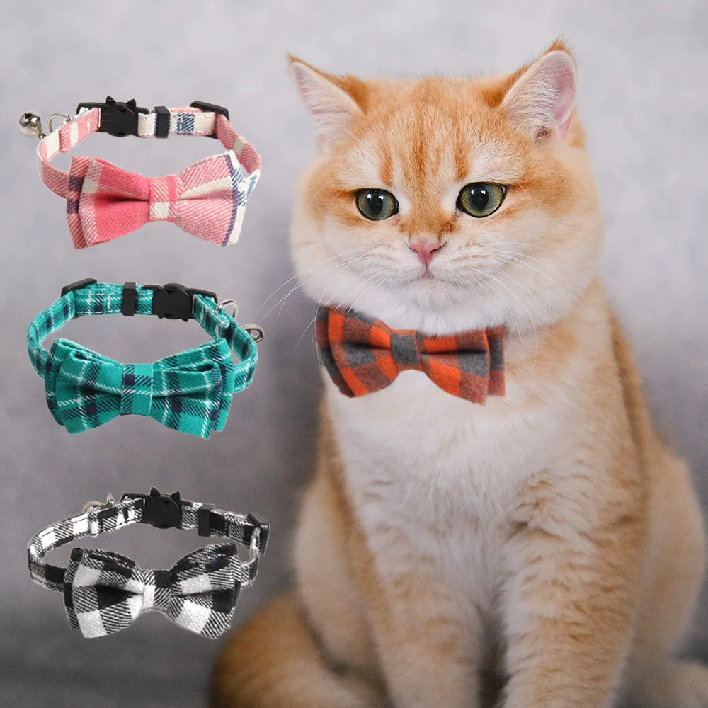 

Клетчатый ошейник для домашних животных Регулируемый галстук-бабочка в британском стиле ожерелье с колокольчиком Индивидуальные Ошейники...