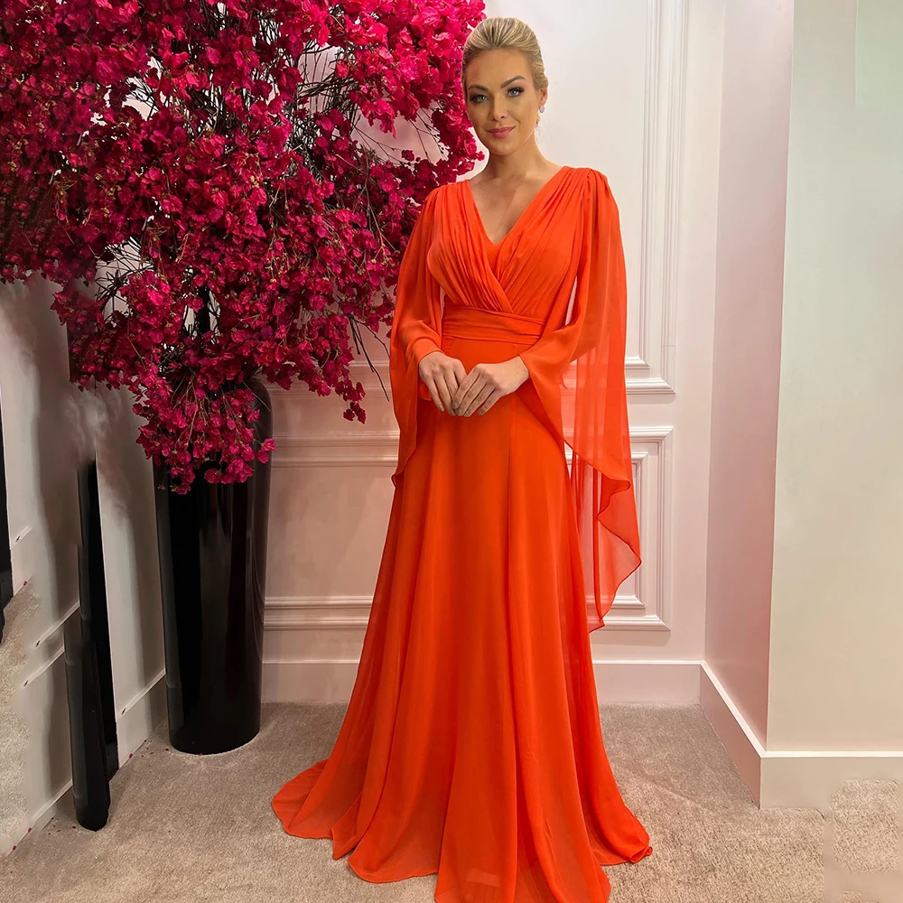 

2023 Orange A-line Fairy Evening Formal Dresses Long Batwing Sleeve V Neck Chiffon Arabic Prom Party Gowns Robe De Soiree