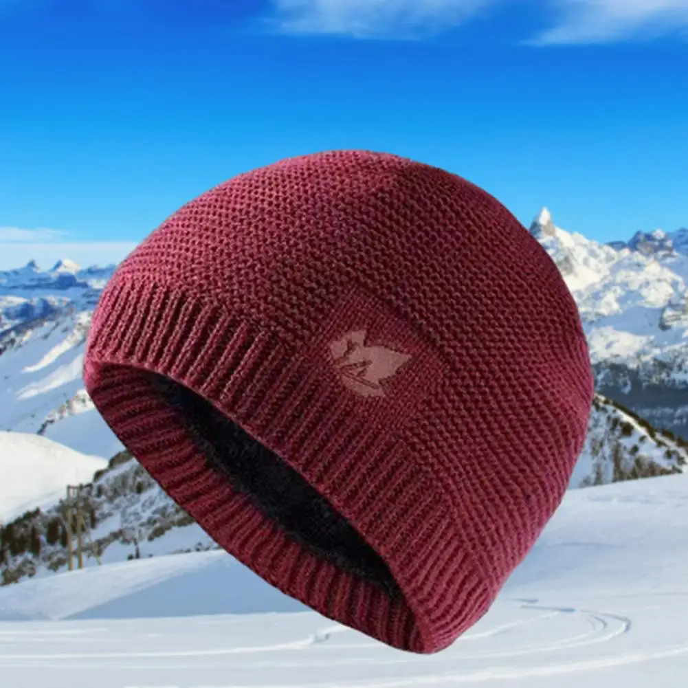 

Cold Weather Beanie Hat Fashionable Men's Winter Knit Hat with Leaf Logo Plush Lining Ribbed Trim Stay Warm Stylish Plush Lined