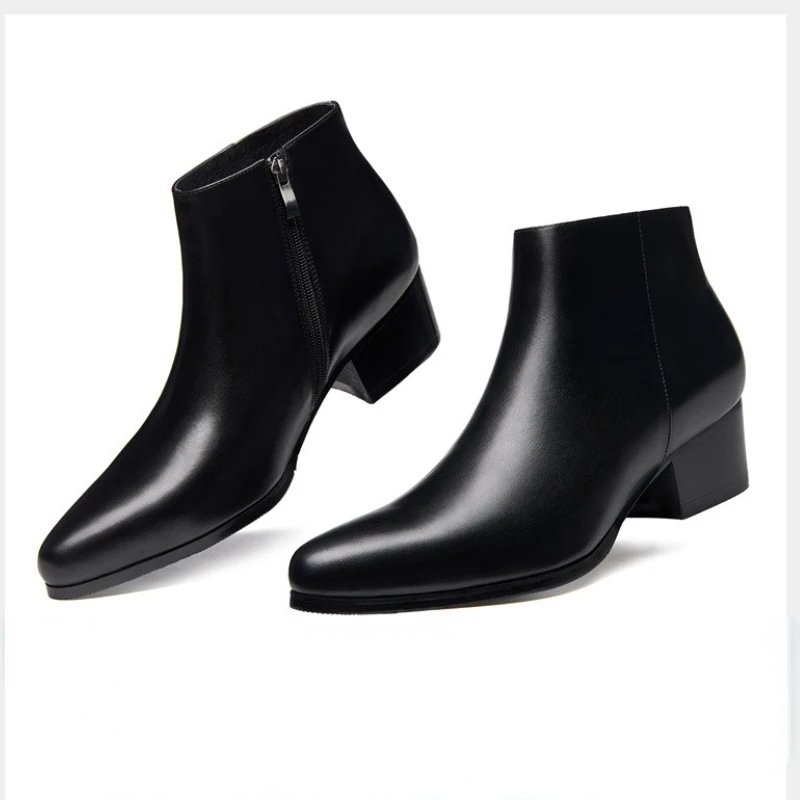 

Vintage Mens Boots with 5 Cm High Heels 2023 New Style Brand Genuine Leather Fashion Ankle Work Business Dress Shoes for Male