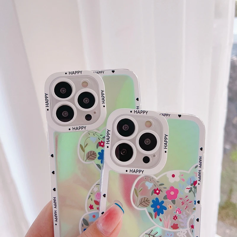 Laser Cartoon Flower Bear Soft Case For Huawei P50 P40 P30 Pro Mate 20 30 40 Nova 9 Honor 60 50 se X10 9X Shockproof Back |