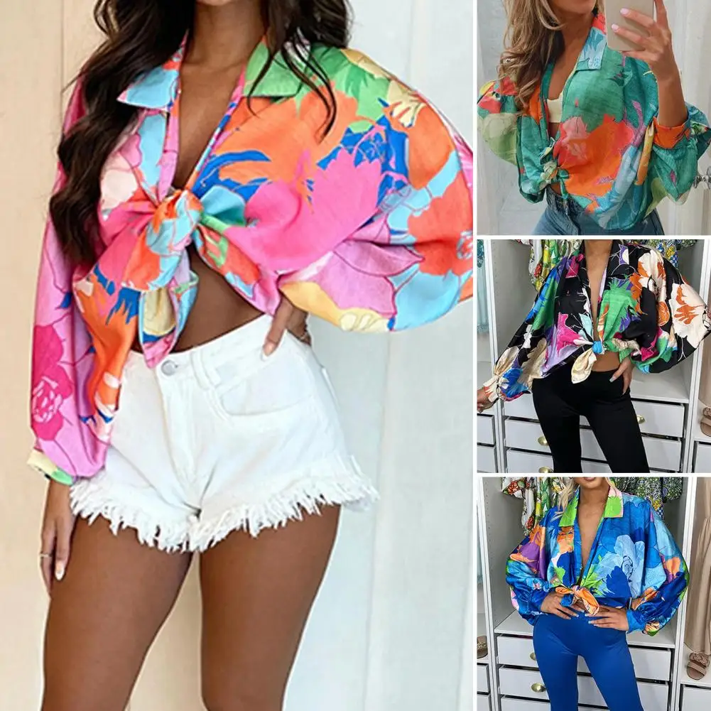 

Women Blouse Batwing Sleeve Breathable Bright Color Exquisite Pattern Turn-down Collar Sun Protection Polyester Sexy Printed Ove