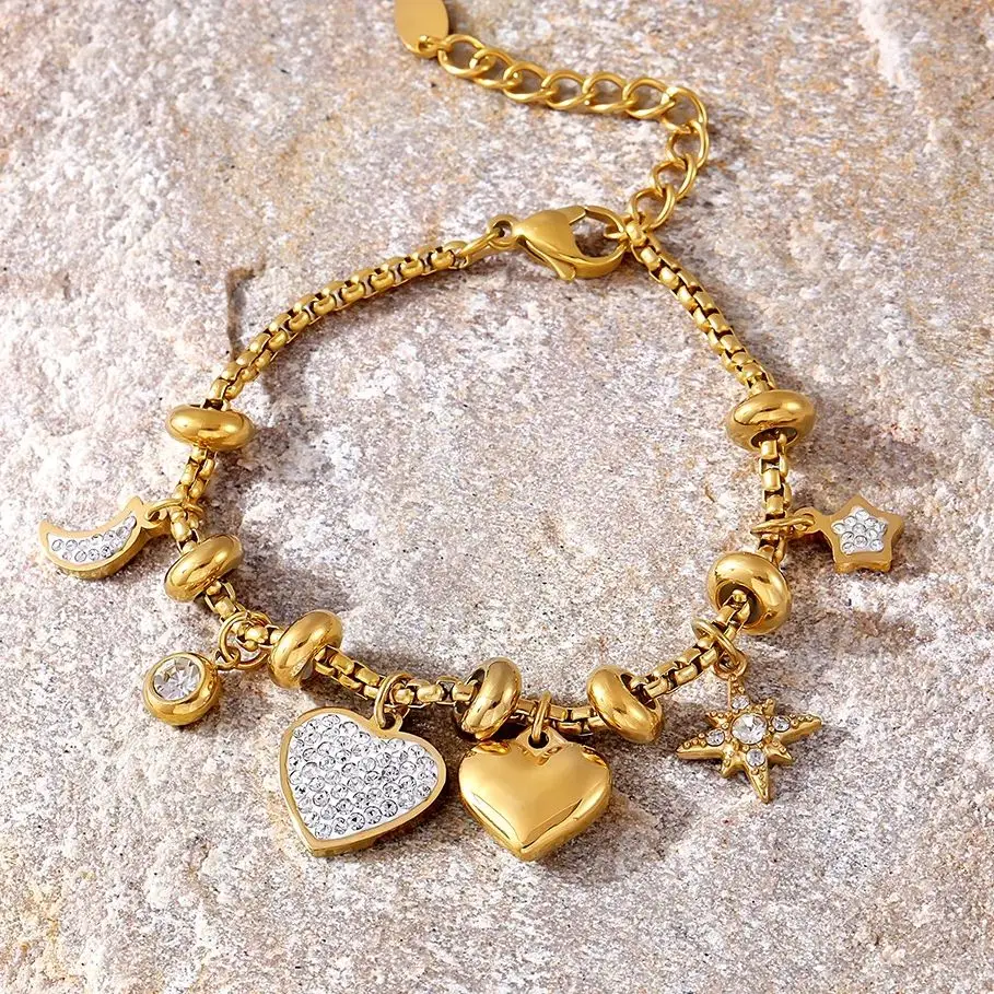 Подвеска в форме сердца луны звезды женские браслеты из нержавеющей стали 316L