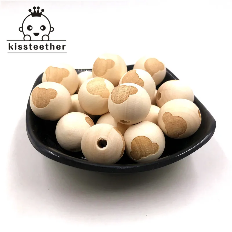

Round Necklace Printed Wooden Beads Bear Pentagram Crown Pattern Unfinished Baby Teether Wooden Elephant Teething Beads