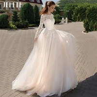 jeheth long sleeve lace appliqued tulle wedding dresses for women elegant o neck a line backless bridal gowns floor length white