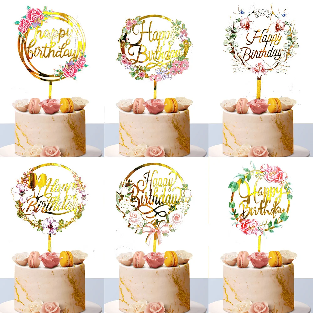 

Acrylic Happy Birthday Cake Veneer Gold Flower Butterfly Cake Flag Card Birthday Party Cake Dessert Decoration