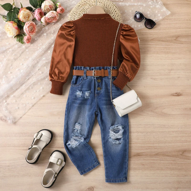 

Kids Girl Fall Outfits Rib Knit Mock Neck Long Sleeve Tops Elastic Waist Ripped Jeans with Belt 2Pcs Clothes Set
