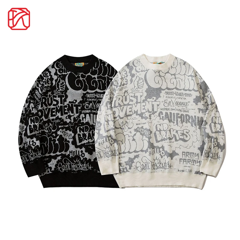 

Men's Full Print Outwear O Neck Sweater Men Autumn Winter New Loose Pullover Sweaters Couple Knitwear Sweater Students Men Wears
