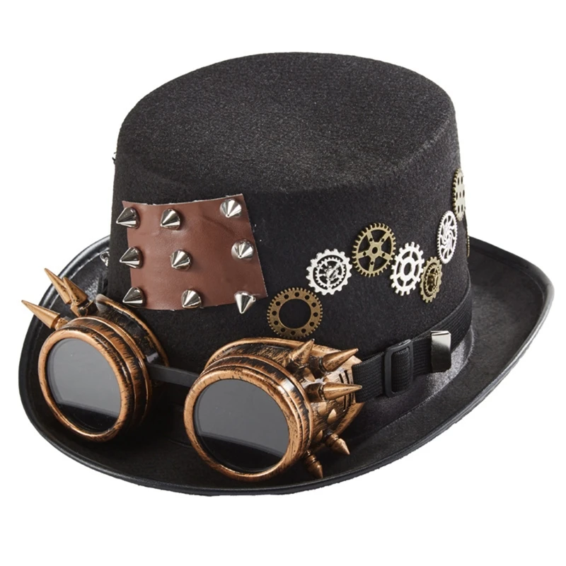 

L93F Punk Style Black Top Hat Goggles Gear Chain Rivet Hat Steampunk Hat Halloween Hat Costume for Halloween Party