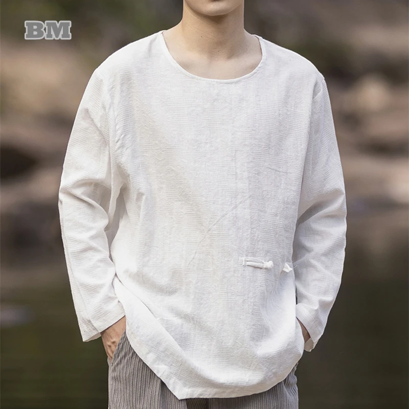

Винтажная хлопковая льняная футболка в китайском стиле с длинным рукавом, Мужская одежда, Женский пуловер с круглым вырезом и вырезом лодочкой, мужские топы