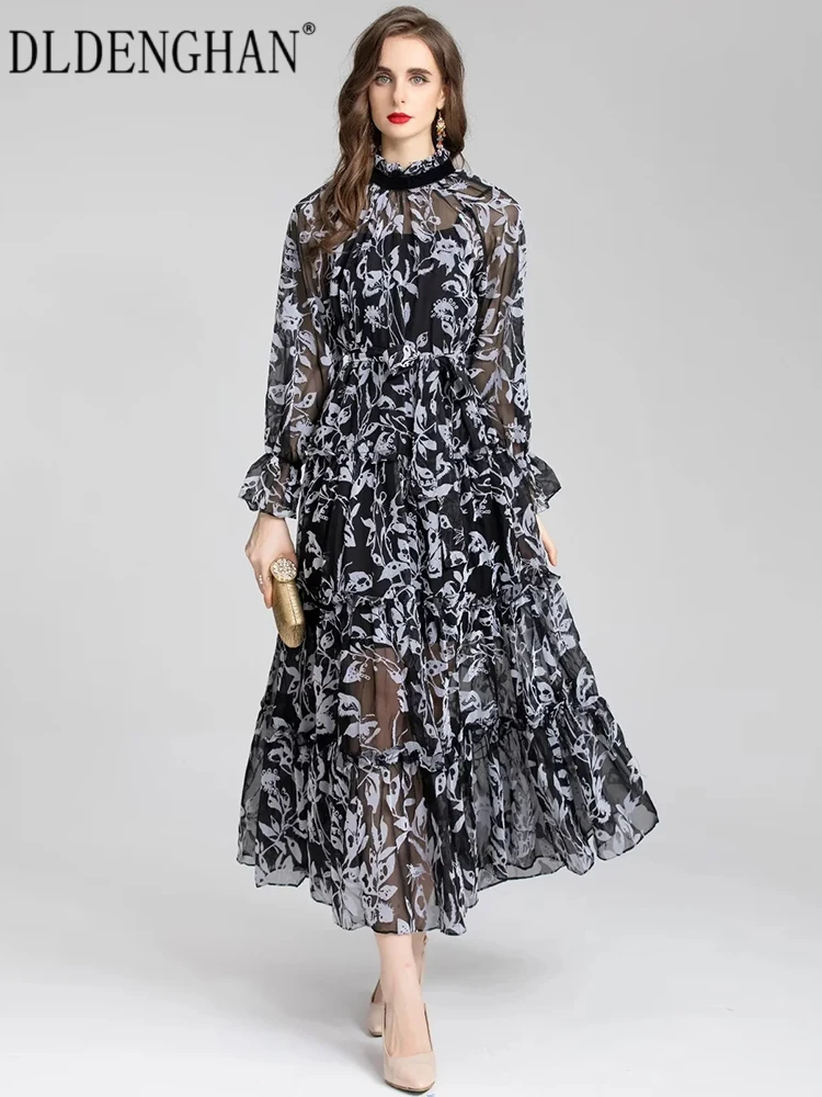 

DLDENGHAN Women Dress Stand Collar Flare Sleeve Flower Print Belt Vintage Party Dresses Fashion Designer Autumn New