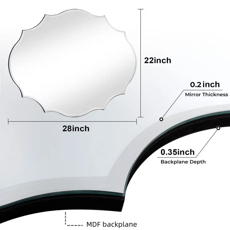 

inch Scalloped Oval Wall Mirror Beveled Frameless Mirror with MDF Backplane,Silver