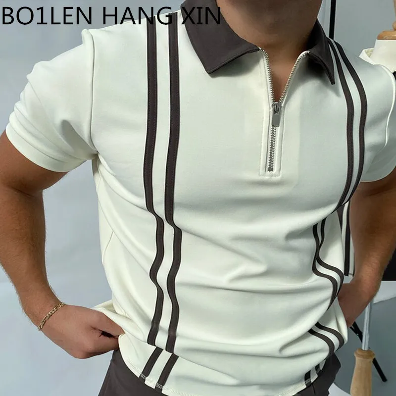 

2022 Summer Fashion Patchwork Men Polo Shirts Casual Turn-down Collar Zipper Design Short Sleeve Tops Harajuku Mens' Streetwear