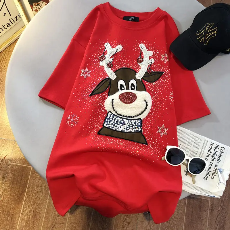 

Christmas elk thickened short-sleeved ladies T shirt autumn and winter new round neck heavy craft diamond Christmas clothes