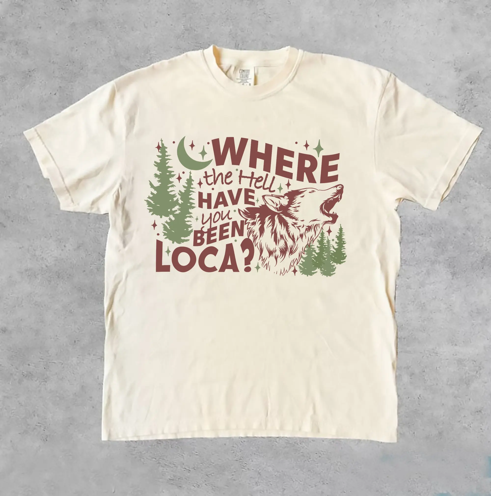 Комфортные цвета ® Винтажная футболка Bella where the hell have you been loca Inpsired винтажная