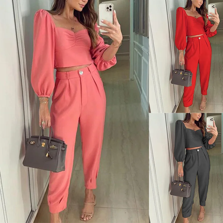 

2022 new autumn and winter women's clothing square collar slim top loose solid color casual trousers two-piece set for women